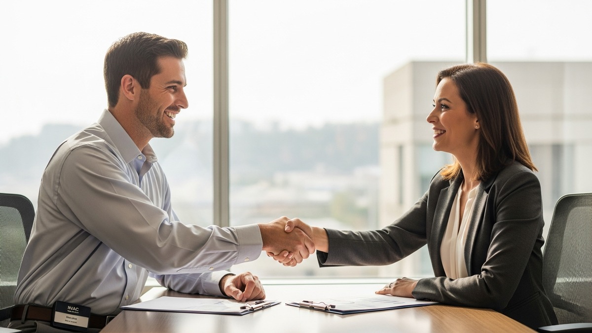 Small business owner and financial advisor shaking hands on a business loan approval