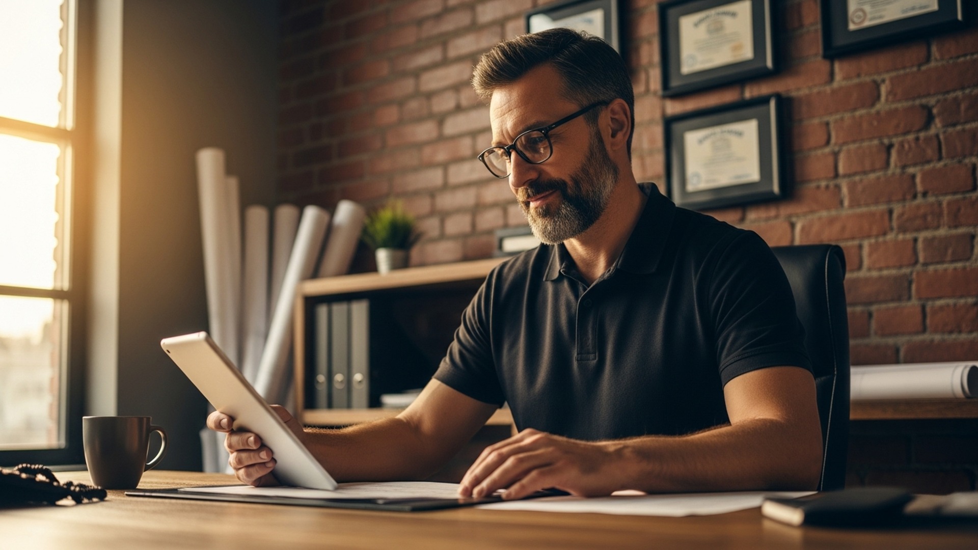 Contractor reviewing customer financing options on tablet at office desk