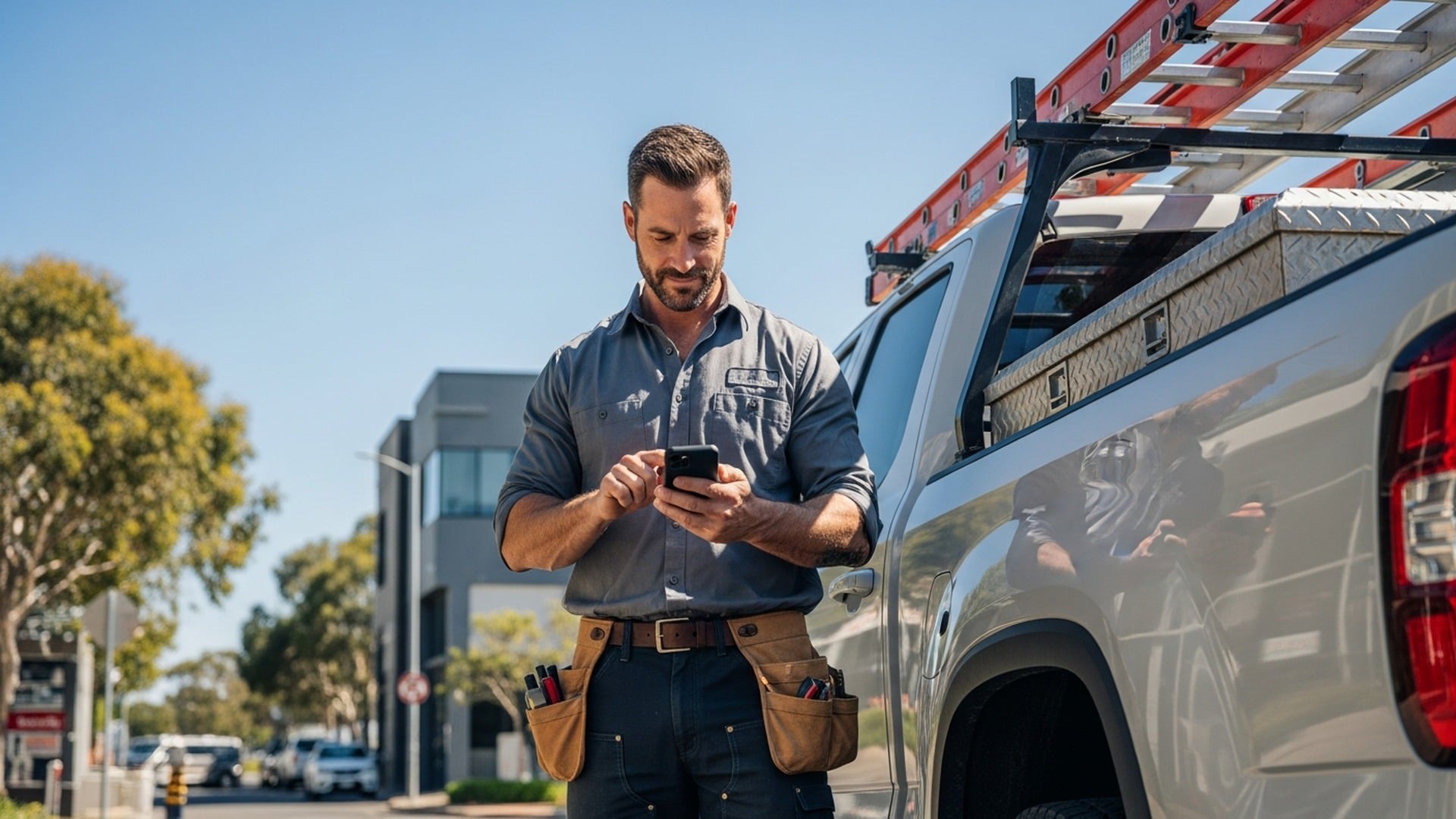 Contractor accessing a digital lending platform on a tablet at a job site