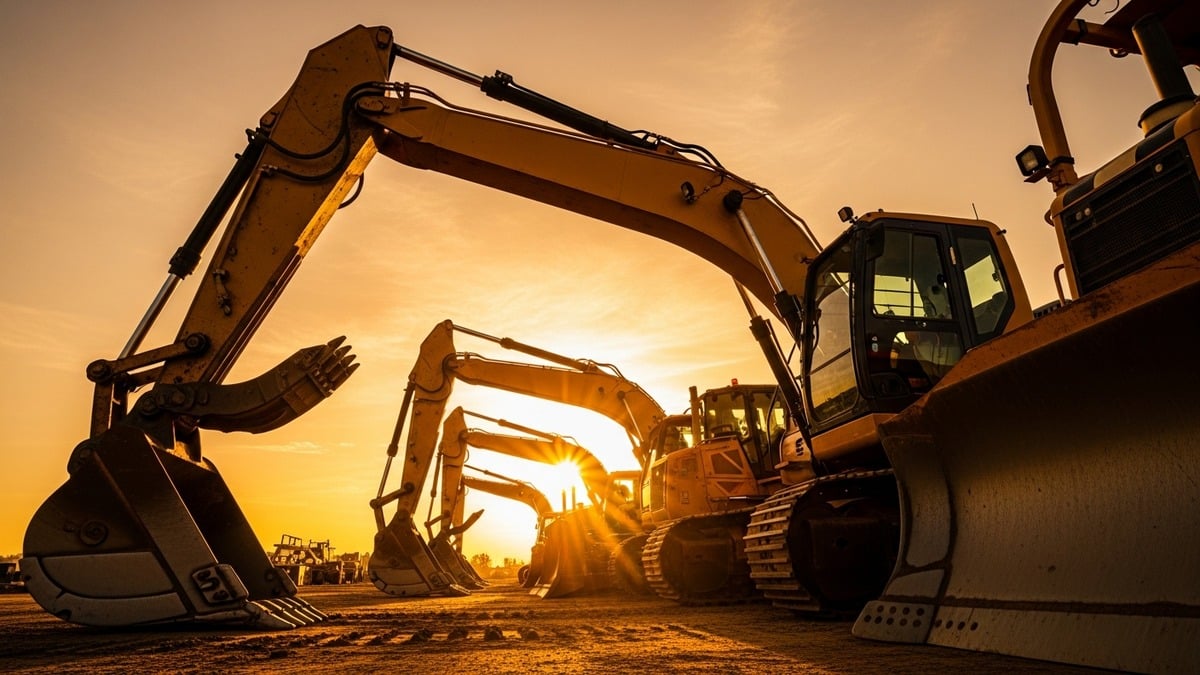 Heavy construction equipment lined up at staging area during golden hour