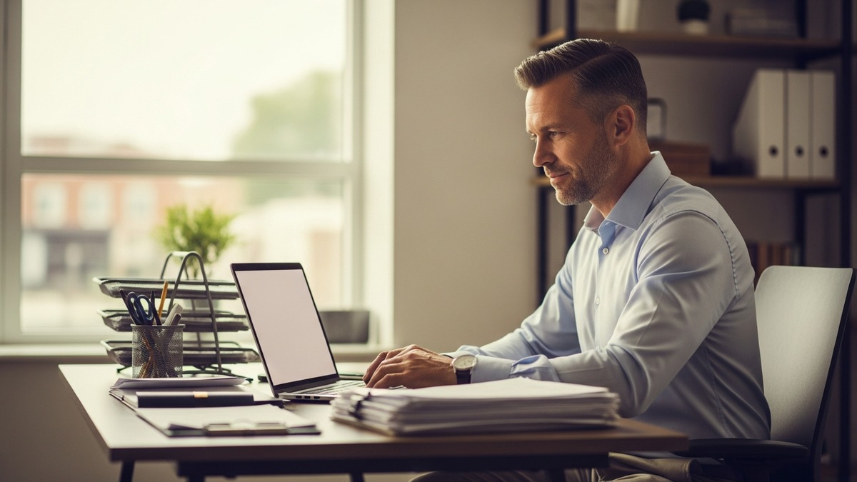 Contractor setting up a financing program on a laptop at their home office