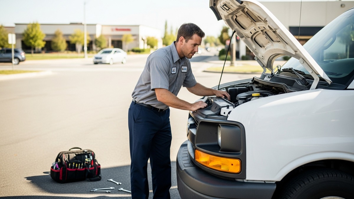 HVAC technician inspecting a broken down service van on the side of the road