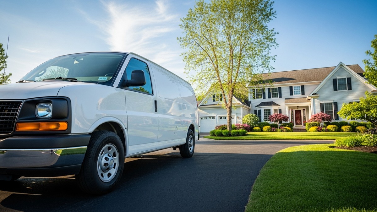 HVAC contractor service van parked outside a residential home