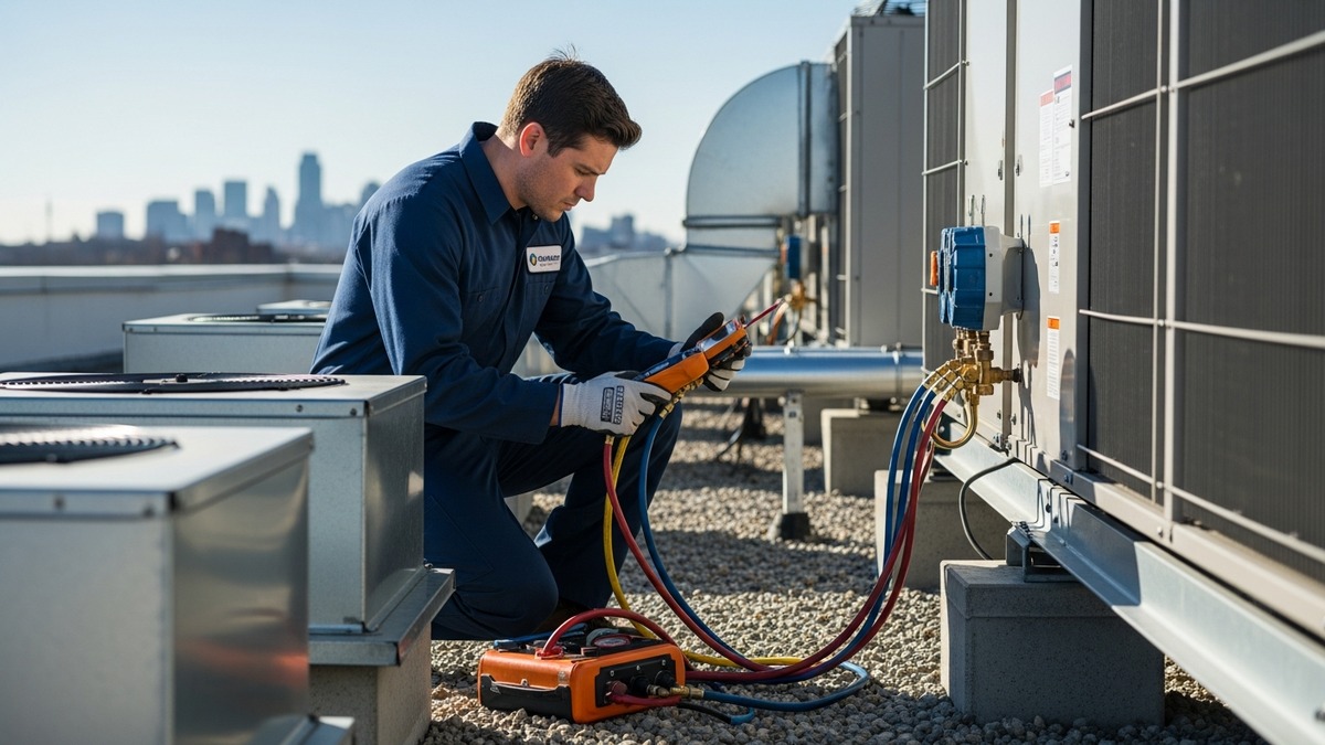 HVAC technician using professional diagnostic tools on a commercial HVAC unit