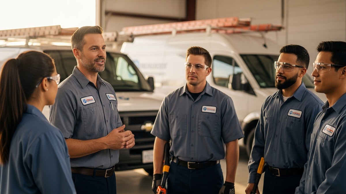 HVAC business owner with his team of technicians at a morning crew meeting