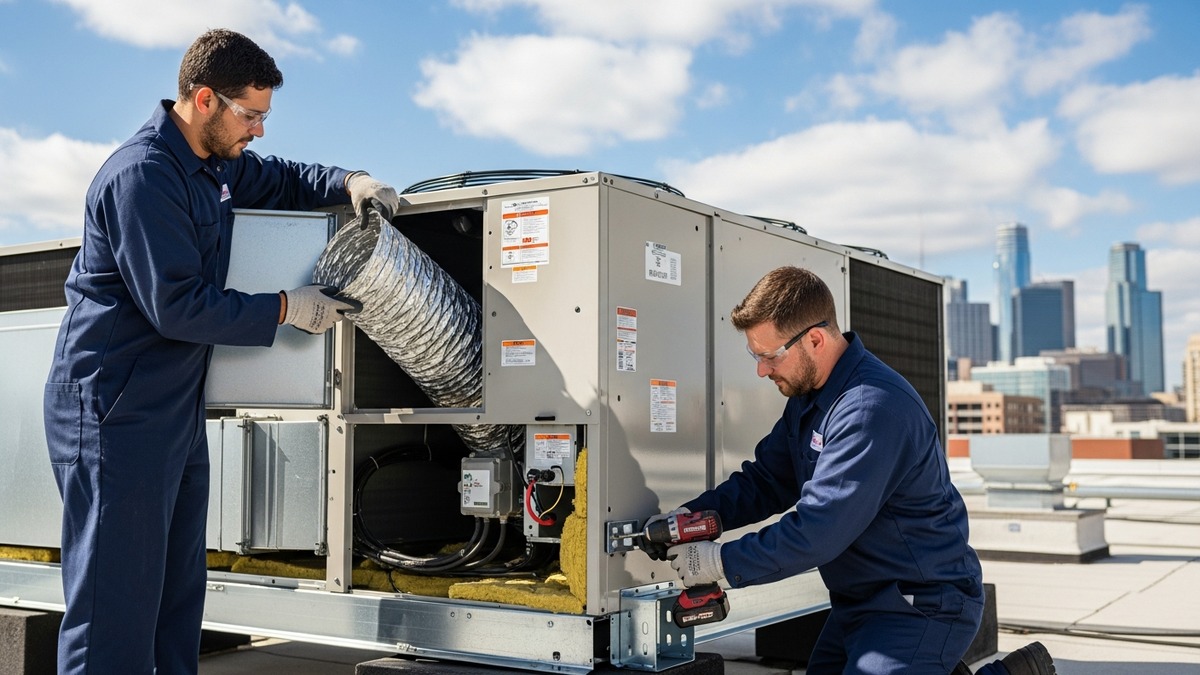 HVAC technicians installing a commercial rooftop air conditioning unit