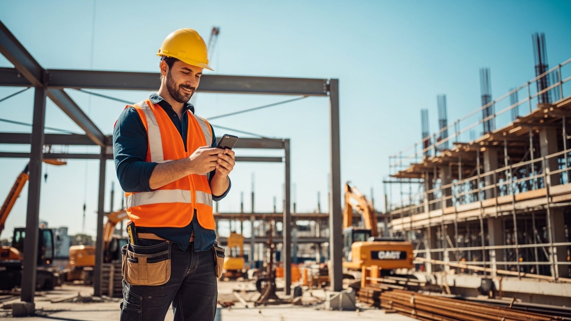 Contractor using a mobile financing app on a smartphone at a job site