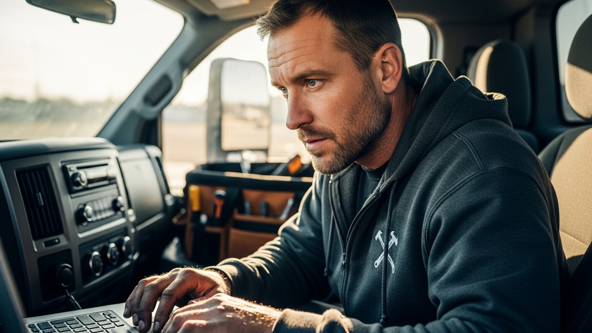 Contractor comparing financing programs on laptop in work truck